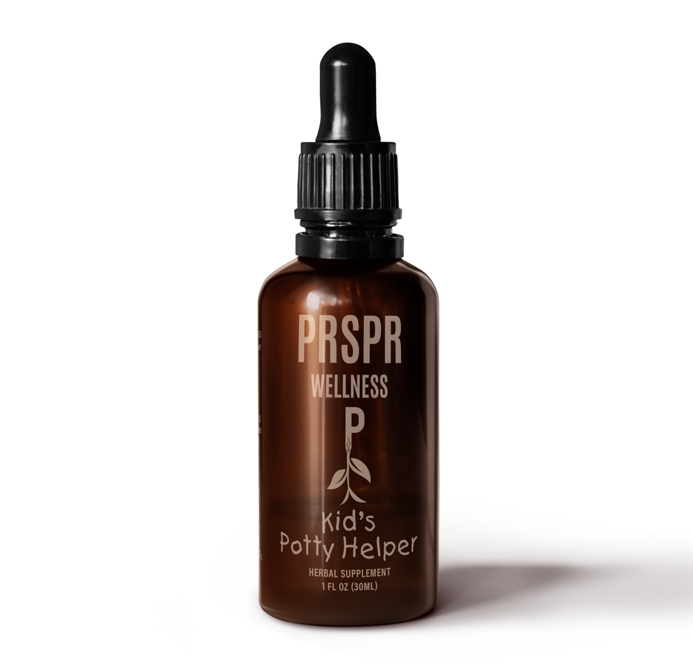 Dark brown dropper bottle labeled 'PRSPR Wellness Kid's Potty Helper Herbal Supplement.'